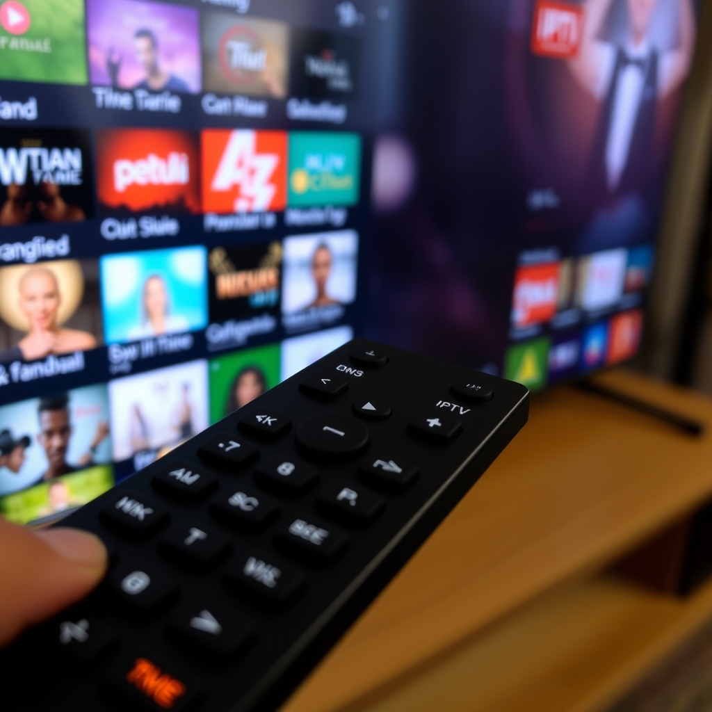 Android TV IPTV app interface with channel guide and remote control