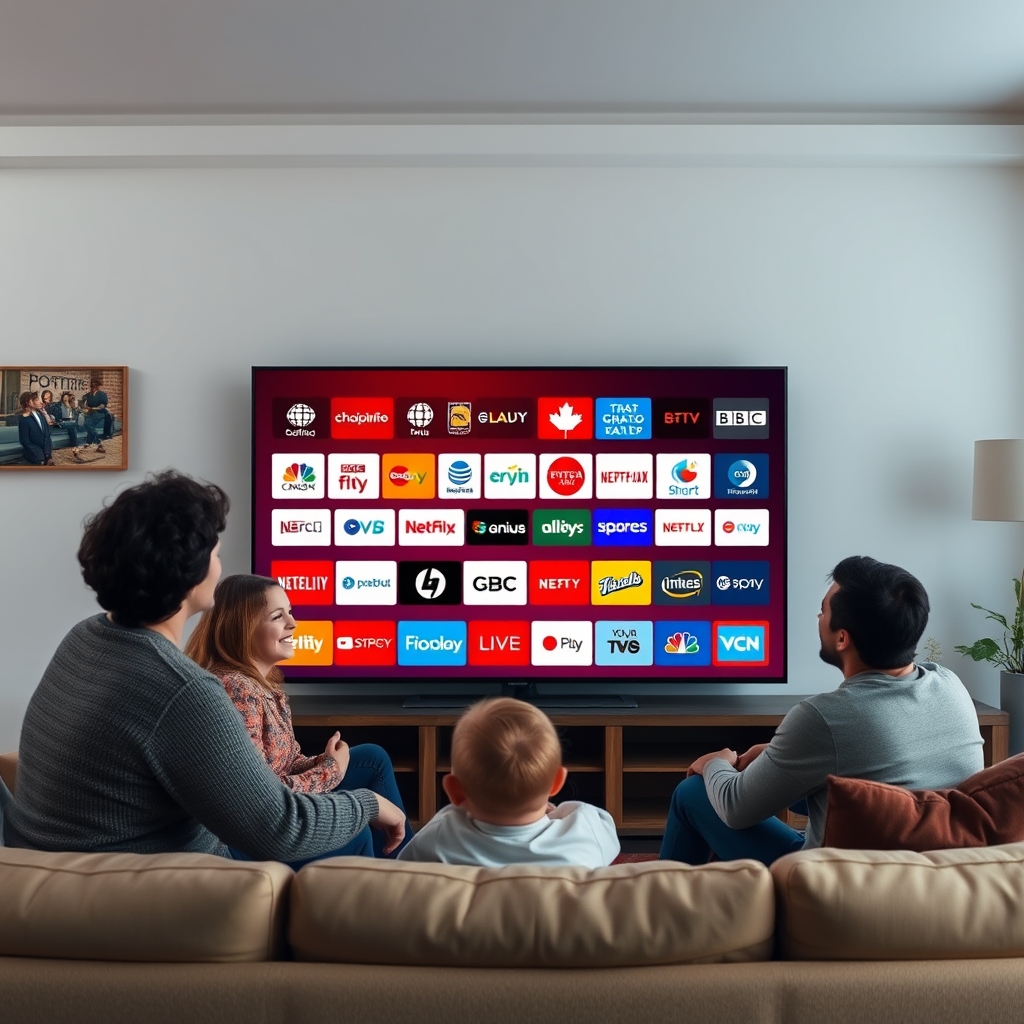 Canadian family enjoying IPTV free trial with diverse channel selection