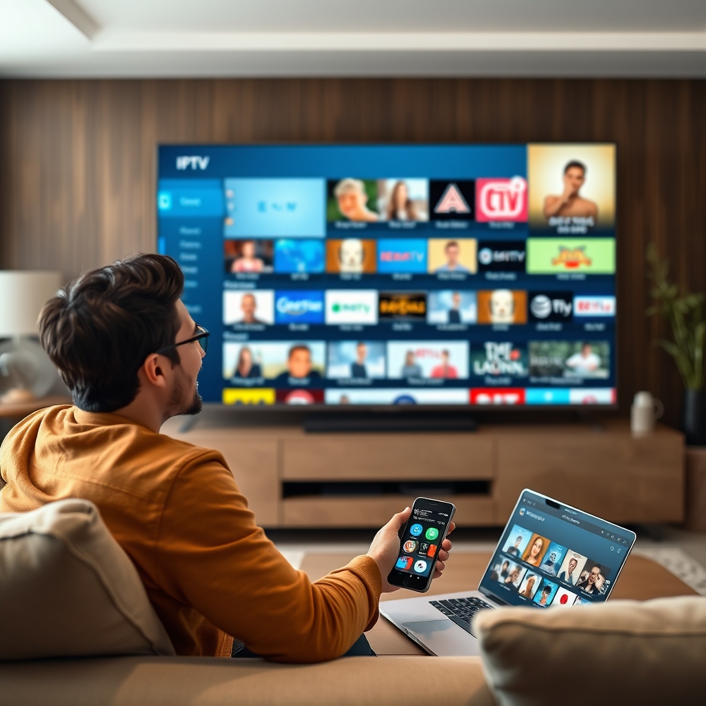 Happy user testing IPTV free trial USA on multiple devices in living room