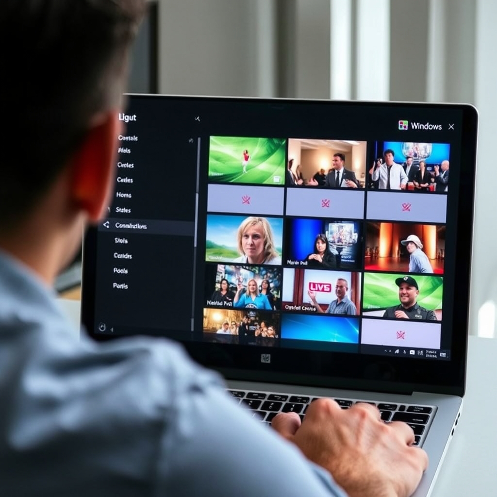 Windows IPTV free trial interface showing live channels on laptop