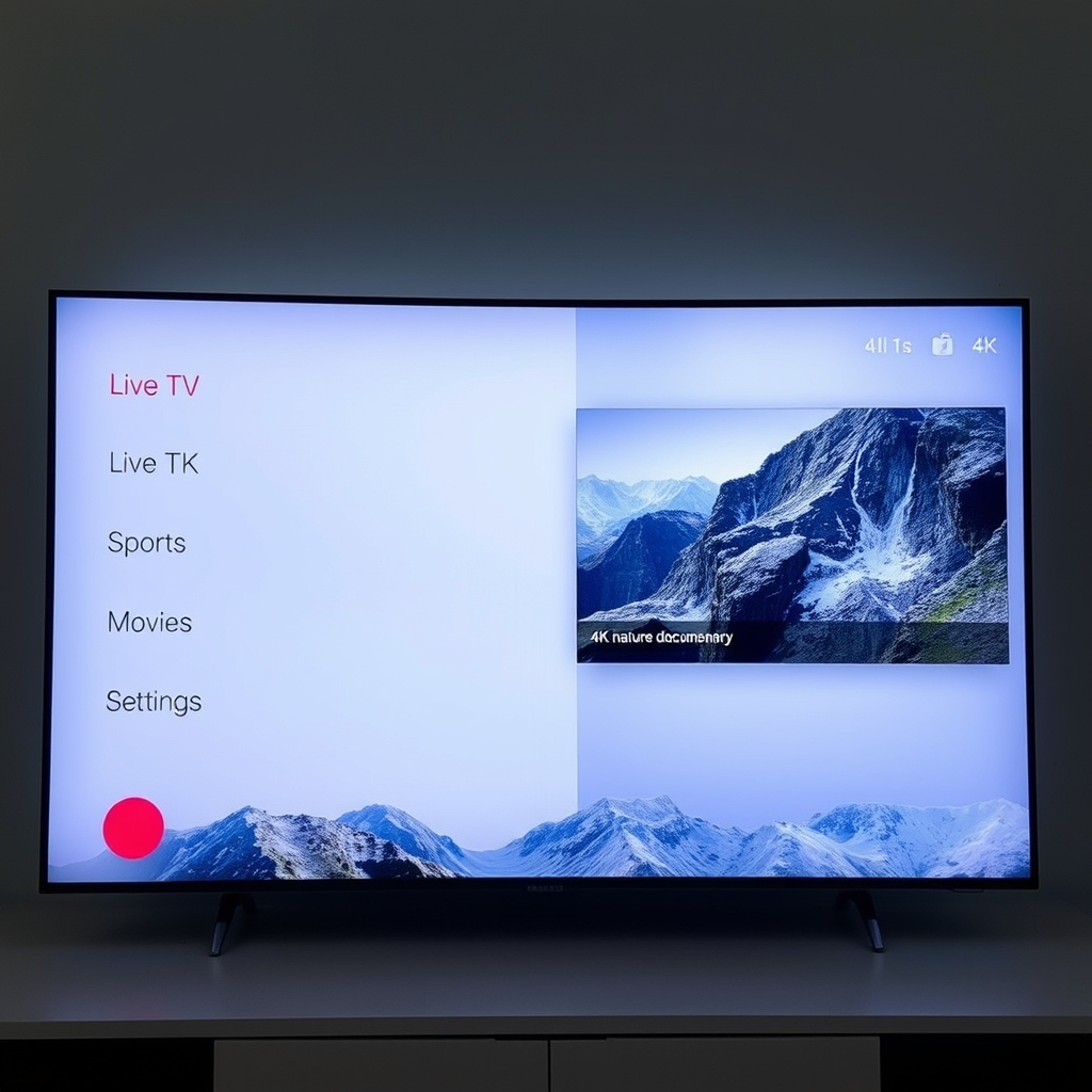 IPTV app interface showing 4K channel categories on a smart TV