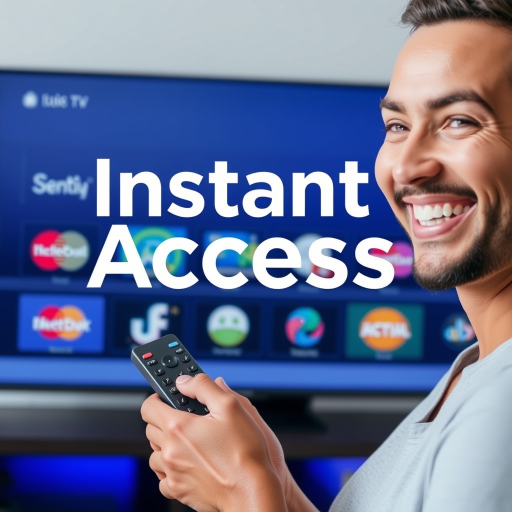 Happy user enjoying instant free trial iptv with remote control