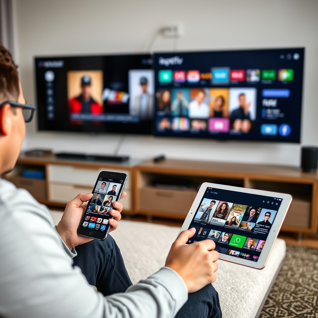 Happy user enjoying legal IPTV service across multiple devices