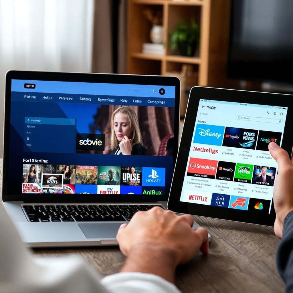 person comparing IPTV reviews on multiple devices